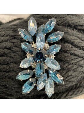 Vintage Blue Rhinestone Floral Brooch Pin With Silver-Tone Setting 2.5 Inches